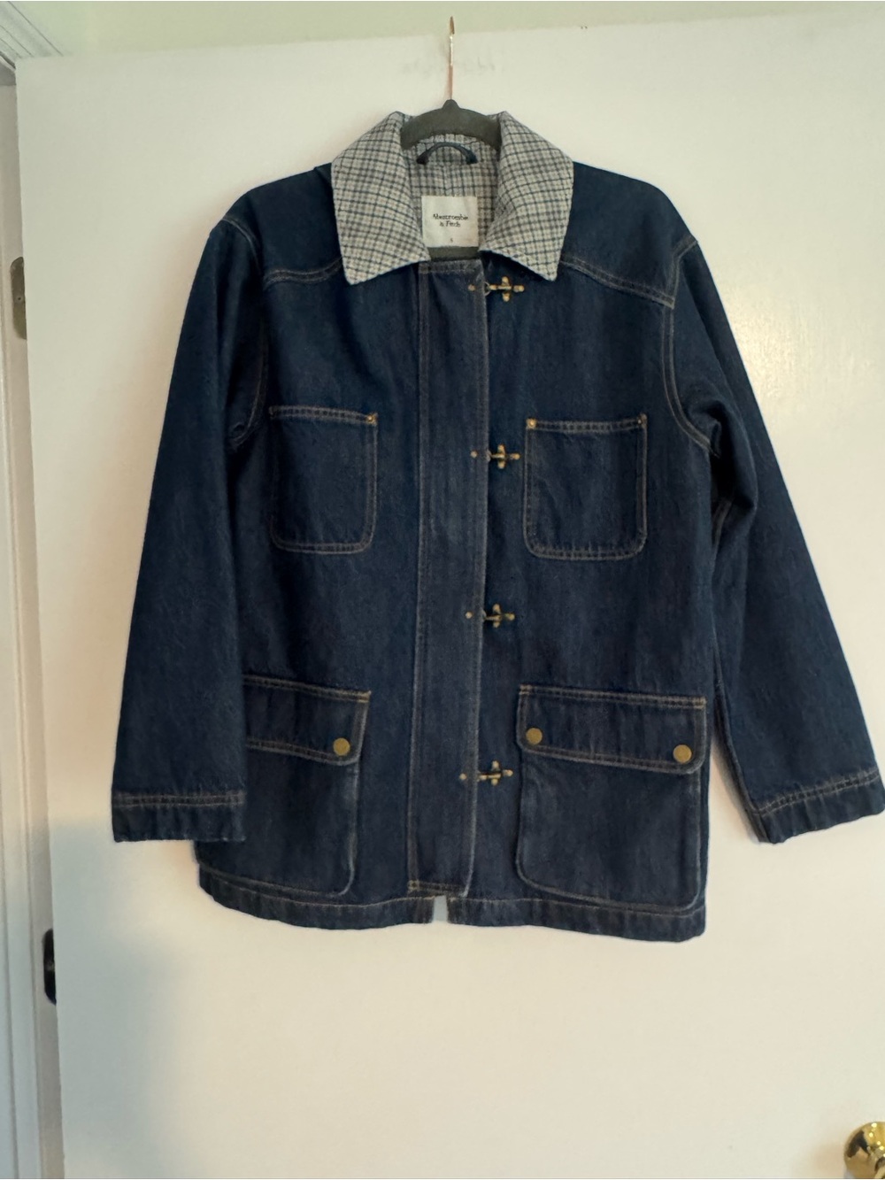 Abercrombie & Fitch Navy Denim Utility Jacket with Plaid Lining